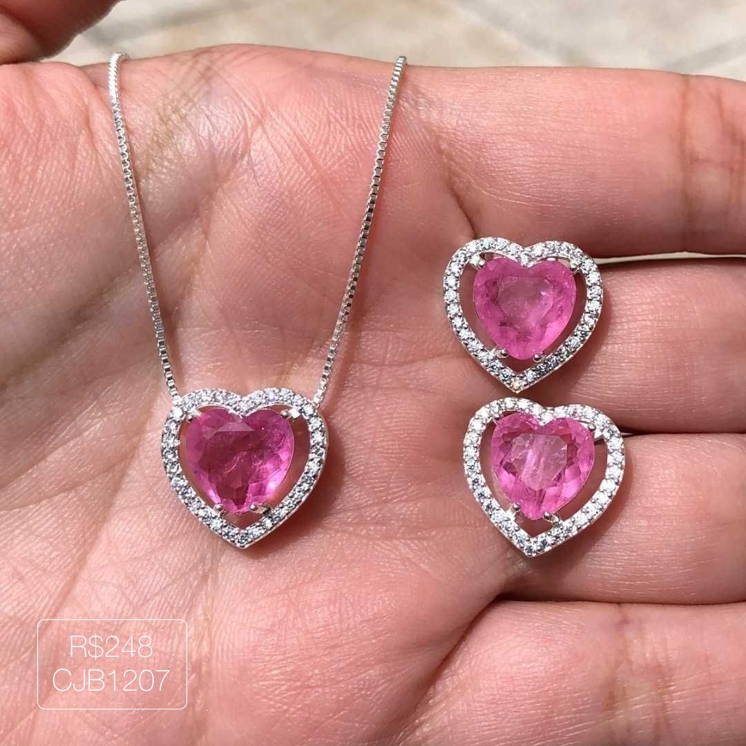 Conjunto De Coração Rosa Fusion Cravejado Cristal Prateado